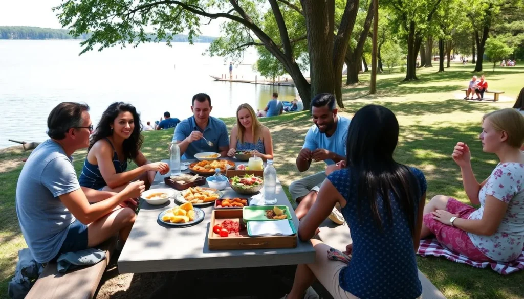 Diverse group of visitors enjoying a picnic meal by the shore of LaSalle Lake with the water visible in the background Diverse group of visitors enjoying a picnic meal by the shore of LaSalle Lake with the water visible in the background