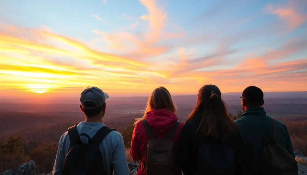 Diverse group of visitors enjoying sunset view from Broad Mountain Pennsylvania overlook