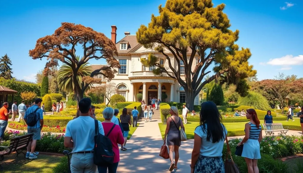 Diverse group of visitors enjoying the gardens surrounding the Leland Stanford Mansion on a sunny day Diverse group of visitors enjoying the gardens surrounding the Leland Stanford Mansion on a sunny day