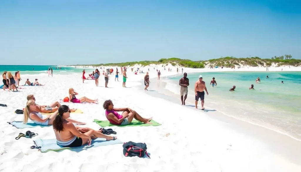 Diverse group of visitors enjoying the white sand beaches at Grayton Beach State Park