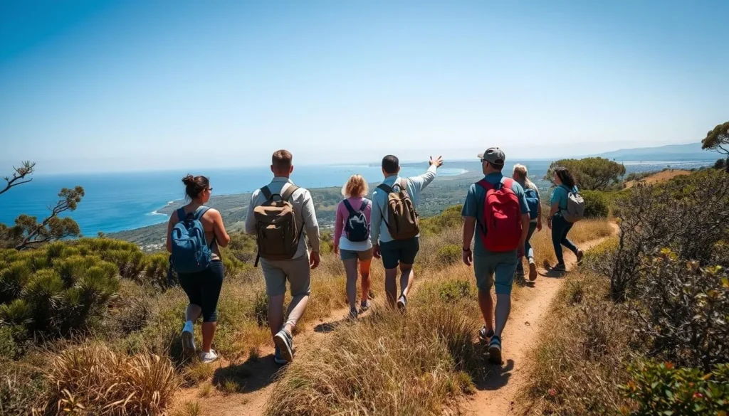 Diverse group of visitors hiking on trails at Pismo Preserve with ocean views Diverse group of visitors hiking on trails at Pismo Preserve with ocean views