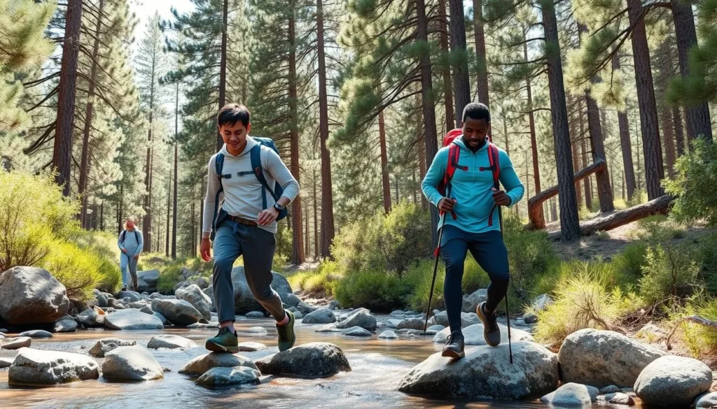 Diverse hikers crossing Rattlesnake Creek in the Galiuro Mountains with pine trees in background Diverse hikers crossing Rattlesnake Creek in the Galiuro Mountains with pine trees in background