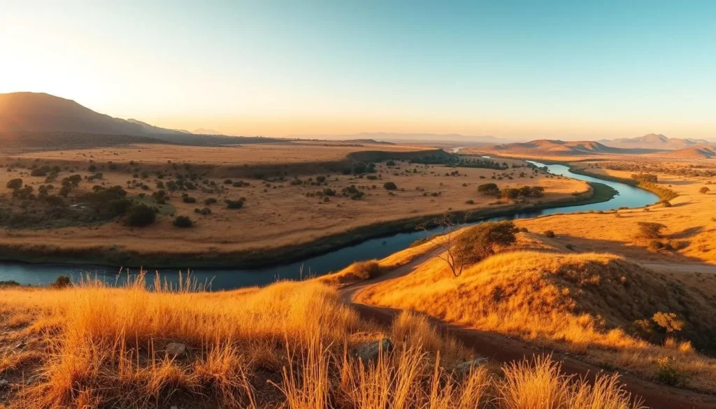 Diverse landscape of Geraille National Park showing acacia woodlands, grasslands and the Dawa River