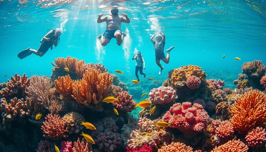 Diverse tourists diving at coral reef in Sharm El-Sheikh during autumn with perfect visibility and marine life