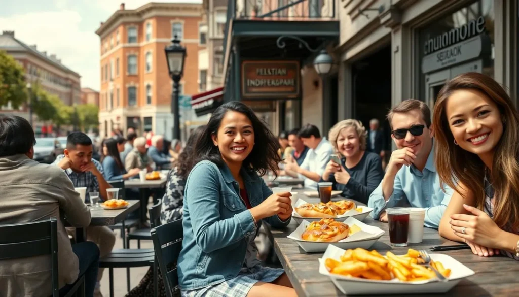 Diverse tourists enjoying Philadelphia cuisine near Independence National Historical Park Diverse tourists enjoying Philadelphia cuisine near Independence National Historical Park
