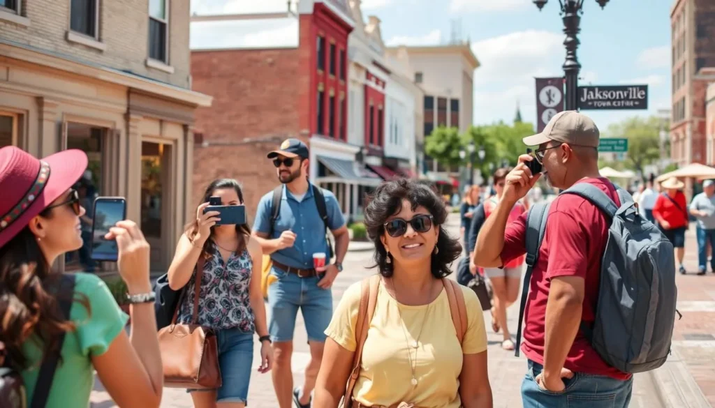 Diverse tourists enjoying a walking tour of historic downtown Jacksonville, Illinois Diverse tourists enjoying a walking tour of historic downtown Jacksonville, Illinois