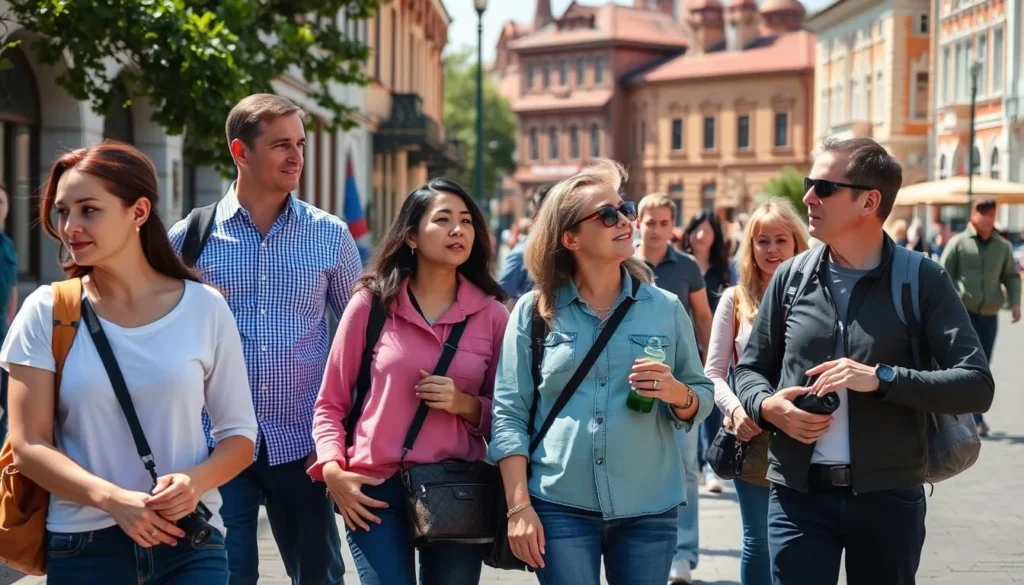 Diverse tourists exploring the streets of Bryansk with a local guide Diverse tourists exploring the streets of Bryansk with a local guide