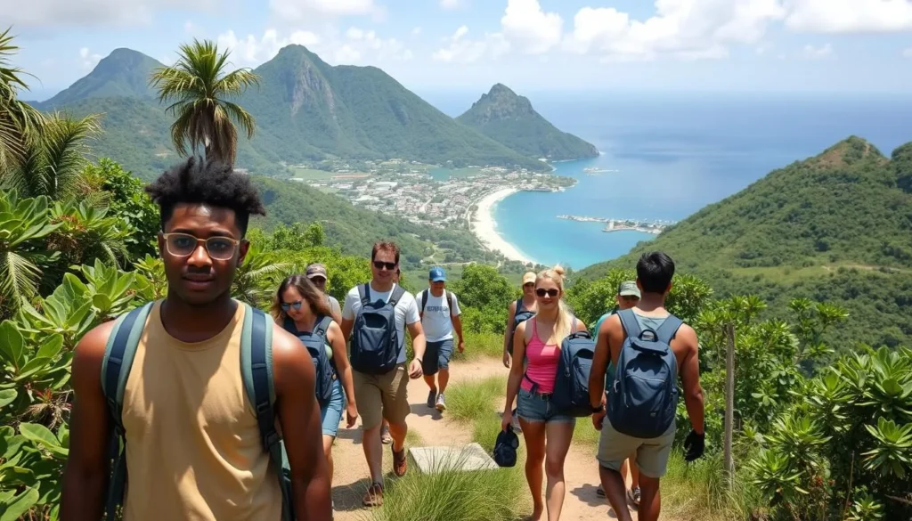 Diverse tourists hiking near Vieux Fort with coastal views