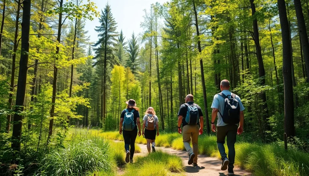 Diverse tourists hiking through a beautiful forest trail in Bryansk Oblast Diverse tourists hiking through a beautiful forest trail in Bryansk Oblast