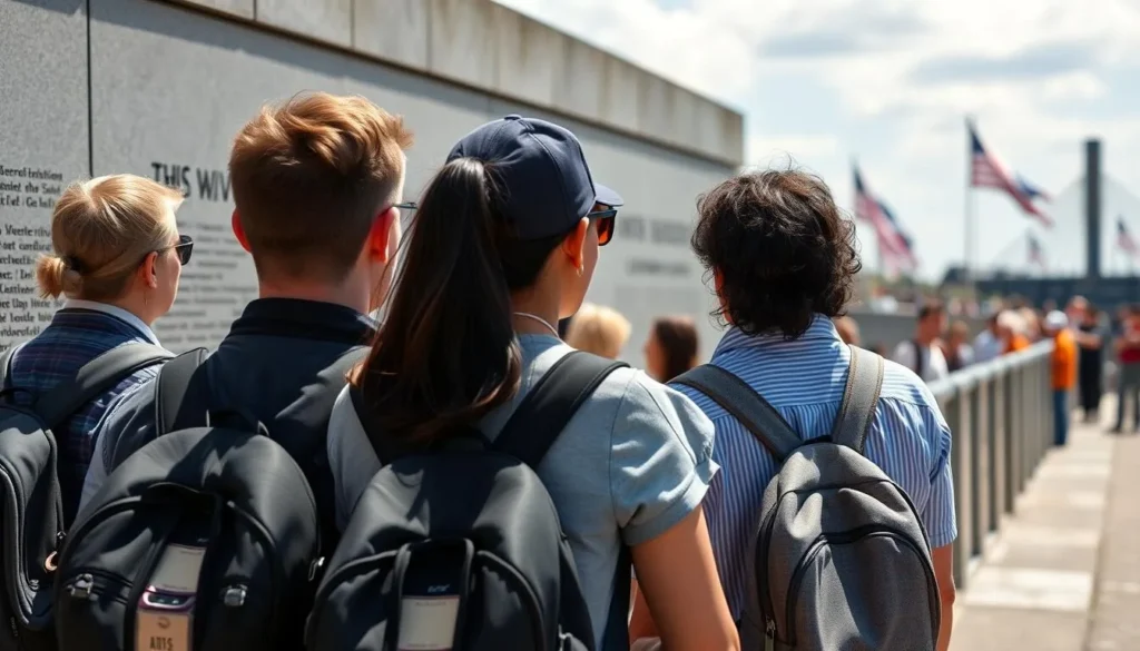 Diverse tourists respectfully visiting a WWII memorial in Dunkirk