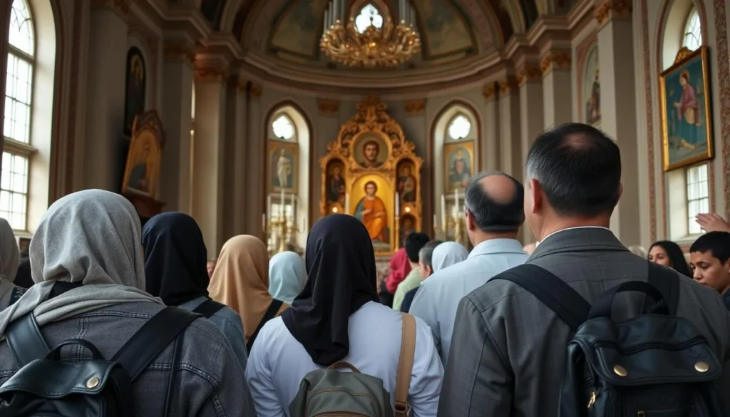 Diverse tourists respectfully visiting an Orthodox church in Bryansk Oblast Diverse tourists respectfully visiting an Orthodox church in Bryansk Oblast