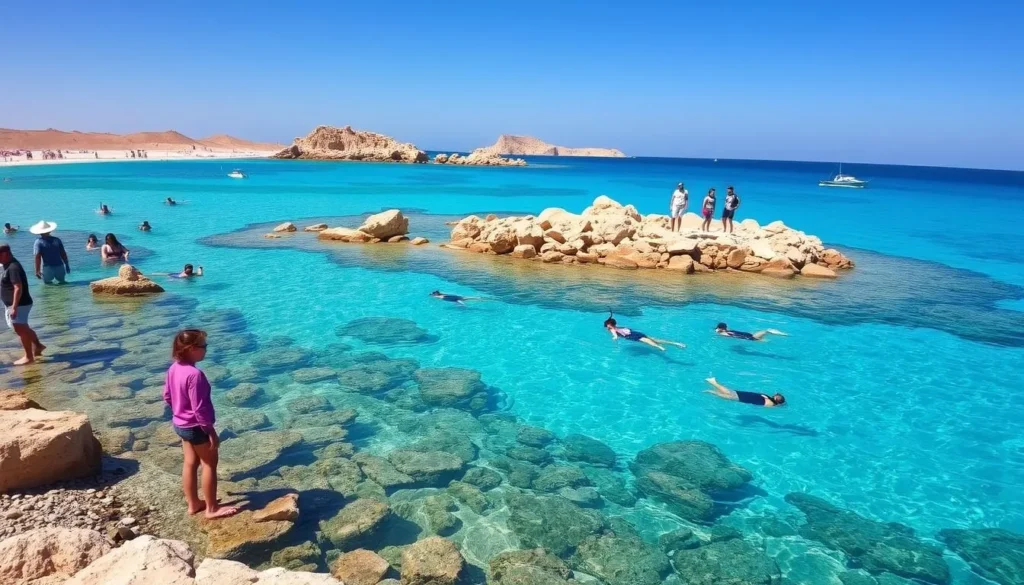 Diverse tourists snorkeling in crystal clear waters of Ras Mohammed National Park during spring in Sharm El-Sheikh