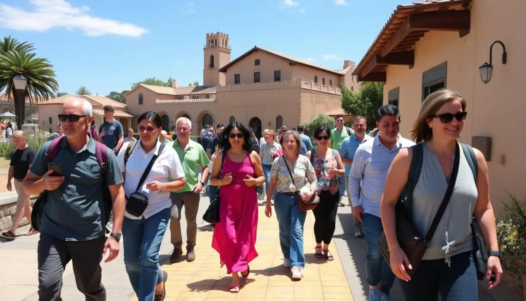 Diverse tourists walking along the Path of History at Monterey State Historic Park Diverse tourists walking along the Path of History at Monterey State Historic Park