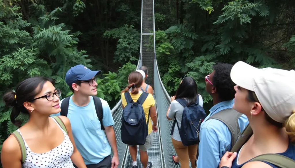 Diverse travelers on the Iwokrama Canopy Walkway observing birds in the forest canopy Diverse travelers on the Iwokrama Canopy Walkway observing birds in the forest canopy