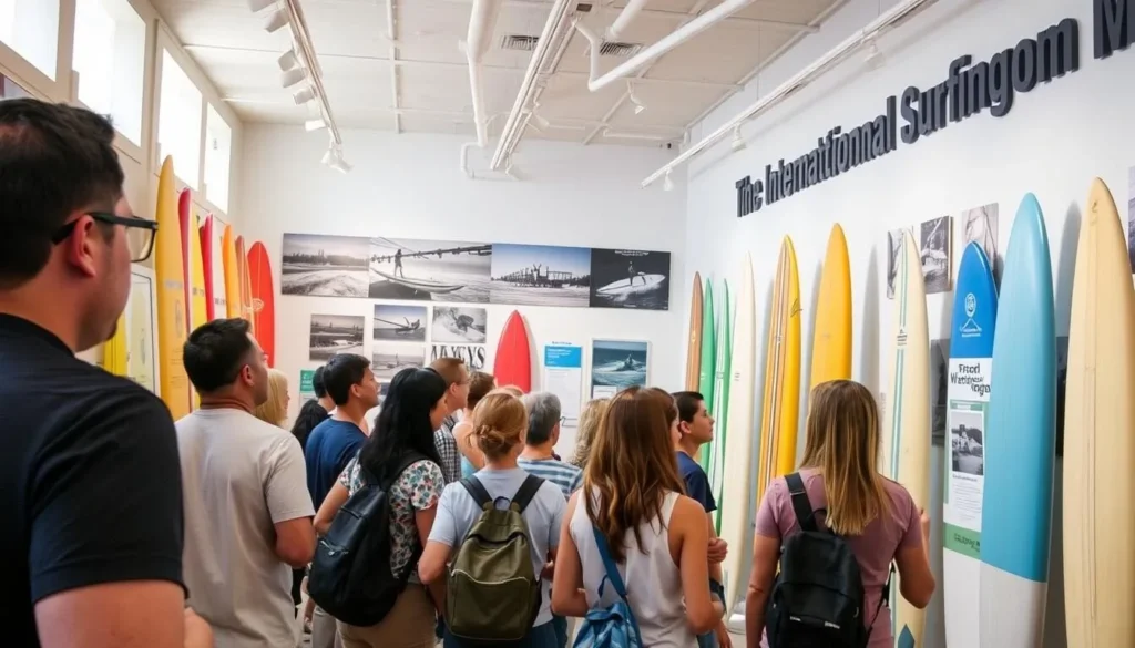 Diverse visitors exploring the International Surfing Museum in Huntington Beach with historic surfboards on display Diverse visitors exploring the International Surfing Museum in Huntington Beach with historic surfboards on display