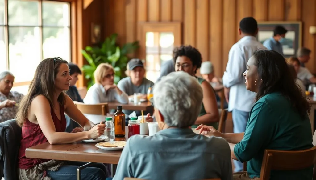 Diverse visitors respectfully enjoying the communal spaces at Esalen