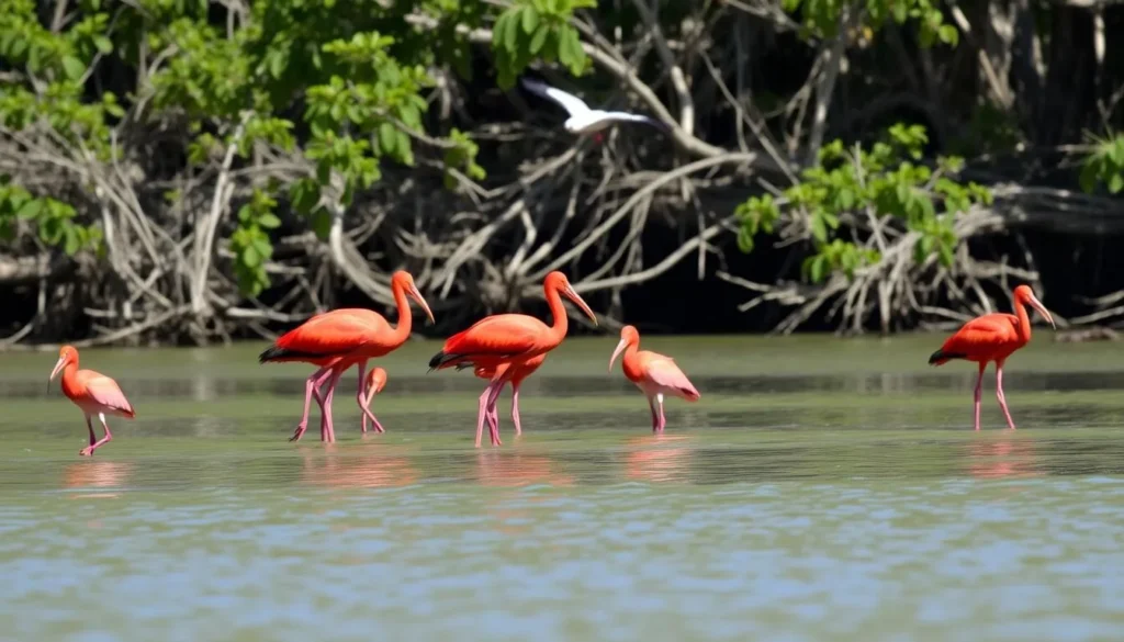 Diverse wildlife at Shell Beach Protected Area including scarlet ibis birds