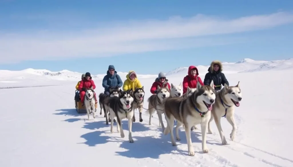 Dog sledding team crossing a snowy Arctic landscape with diverse travelers