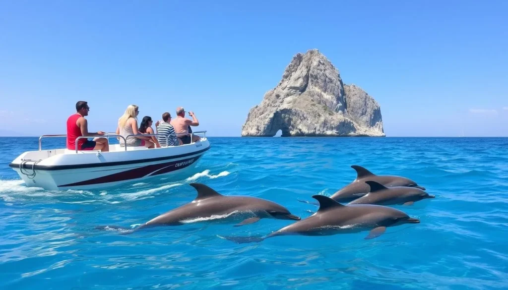 Dolphin watching boat tour in the Bay of Gibraltar with dolphins swimming alongside Dolphin watching boat tour in the Bay of Gibraltar with dolphins swimming alongside