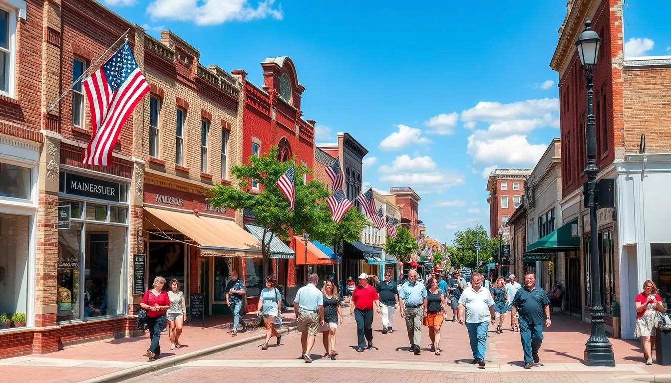 Downtown-Galesburg-Illinois-showing-historic-Main-Street-with-charming-storefronts-and Downtown Galesburg, Illinois showing historic Main Street with charming storefronts and pedestrians enjoying a sunny day