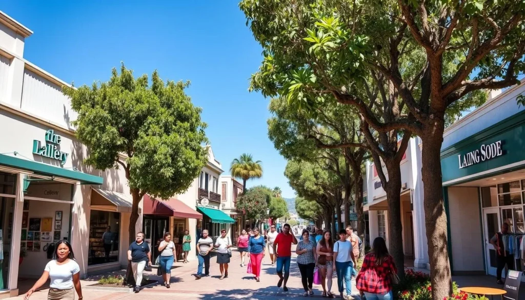 Downtown Laguna Beach with shops, galleries, and restaurants along tree-lined streets Downtown Laguna Beach with shops, galleries, and restaurants along tree-lined streets