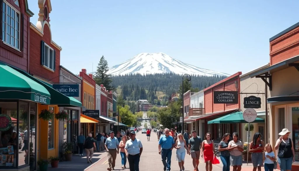 Downtown Mount Shasta with shops and restaurants on a sunny day Downtown Mount Shasta with shops and restaurants on a sunny day
