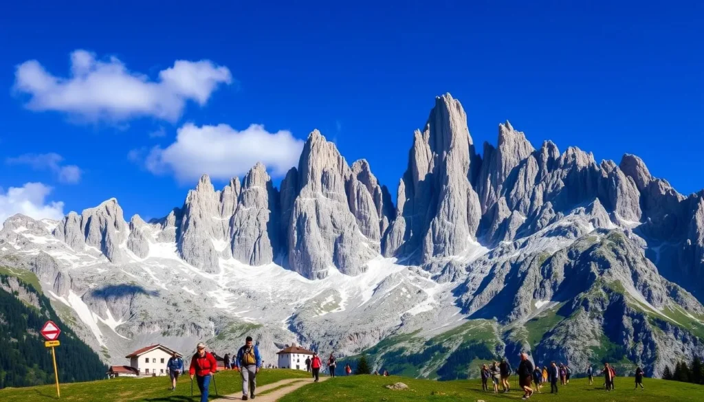 Dramatic Watzmann mountain range with hikers on a trail in the foreground