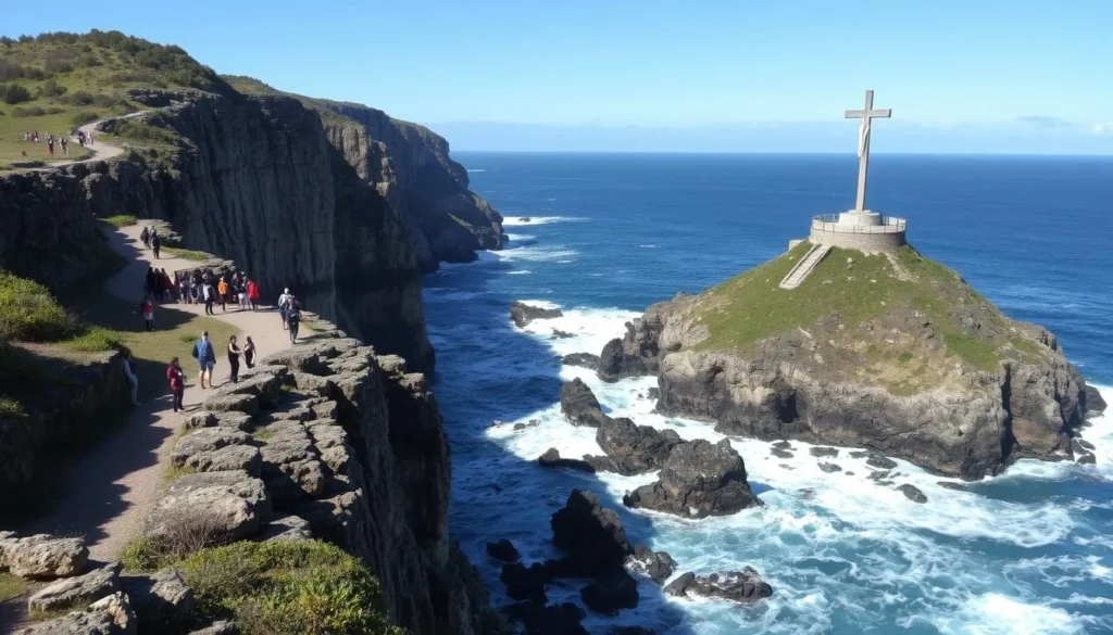 Dramatic cliffs and cross at Pointe des Châteaux, Grande Terre Island