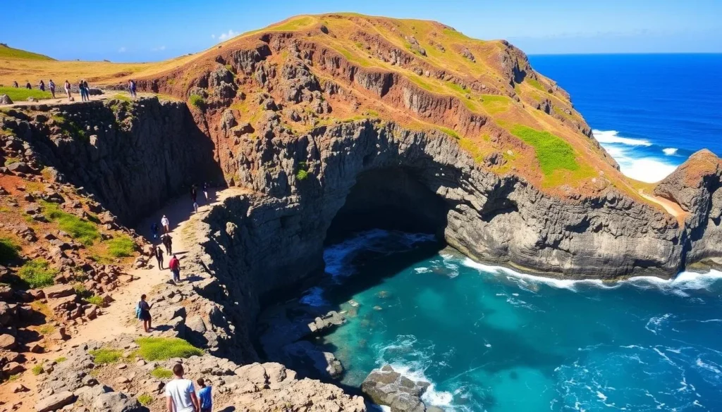 Dramatic cliffs and natural pool at La Porte d'Enfer, Grande Terre Island
