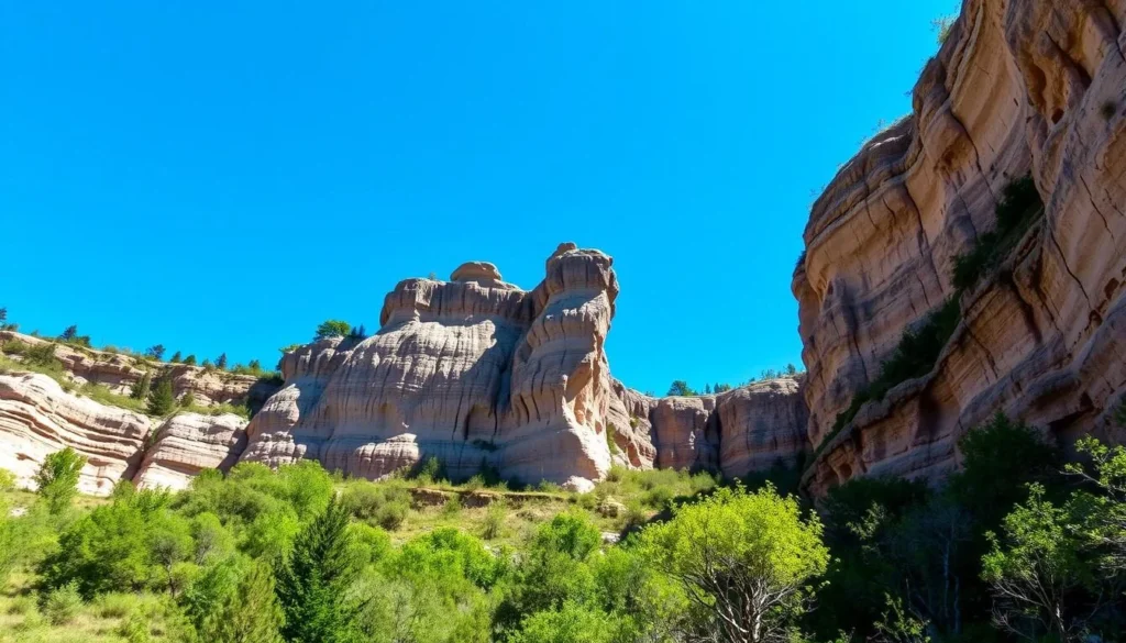 Dramatic limestone bluff formations at Twin Sisters rock formation in Mississippi Palisades State Park