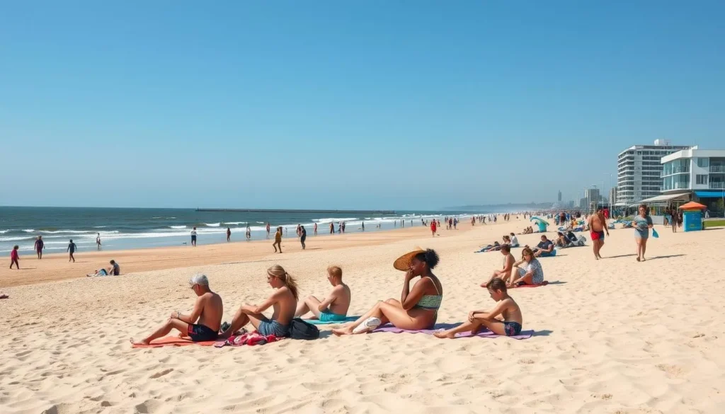 Dunkirk beach in summer with diverse tourists enjoying the sunshine