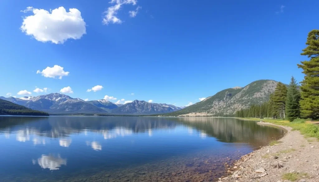 Eagle Nest Lake in summer with calm waters reflecting mountains and blue skies Eagle Nest Lake in summer with calm waters reflecting mountains and blue skies
