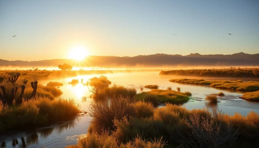 Early morning at Bill Williams River National Wildlife Refuge with golden light illuminating the landscape