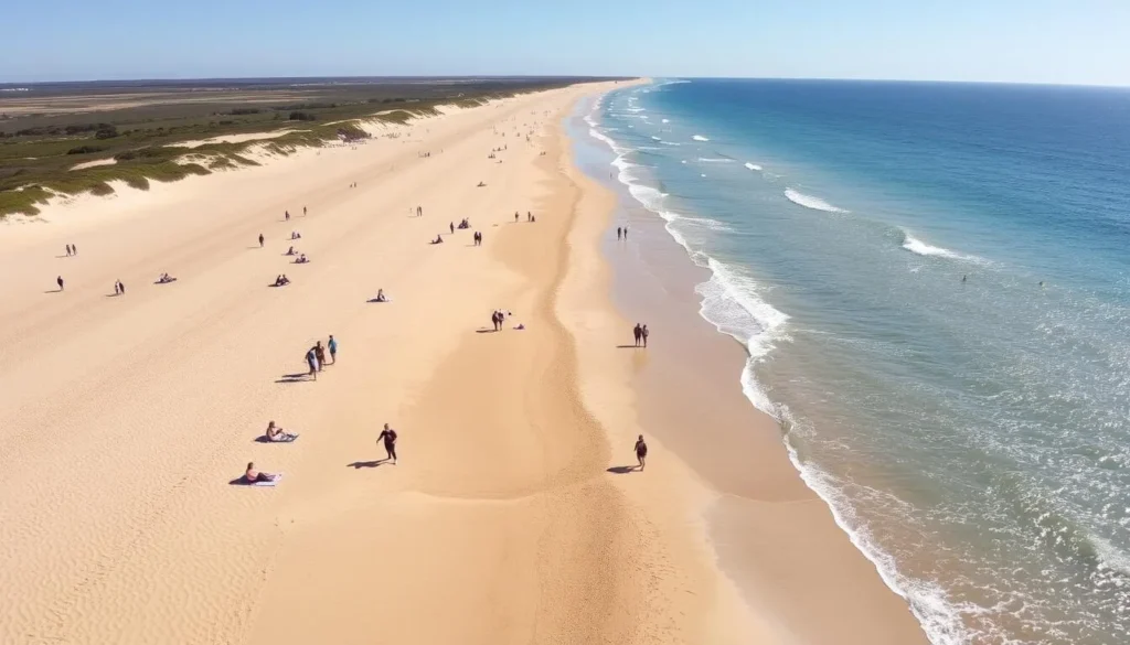 East Beach in Port Fairy with long sandy shoreline and clear blue waters