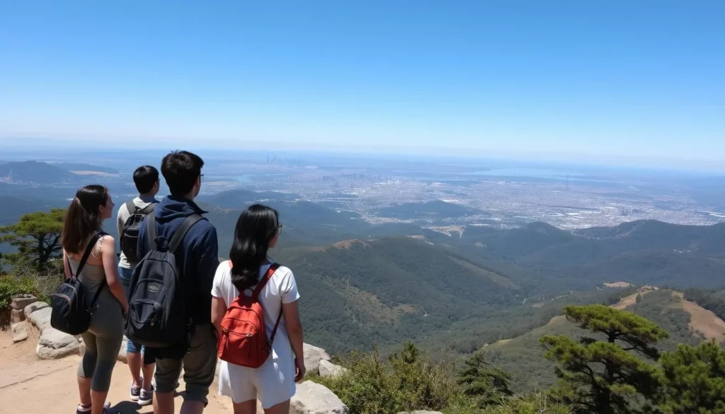 East Peak Summit of Mount Tamalpais with visitors enjoying panoramic views of the Bay Area East Peak Summit of Mount Tamalpais with visitors enjoying panoramic views of the Bay Area