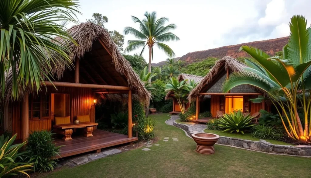 Eco-friendly cabanas with traditional Rapa Nui design elements surrounded by lush gardens, representing accommodation options in this Easter Island travel guide