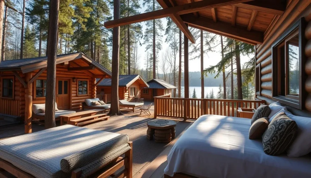 Eco-hotel near Lake Plescheevo with wooden cabins surrounded by forest