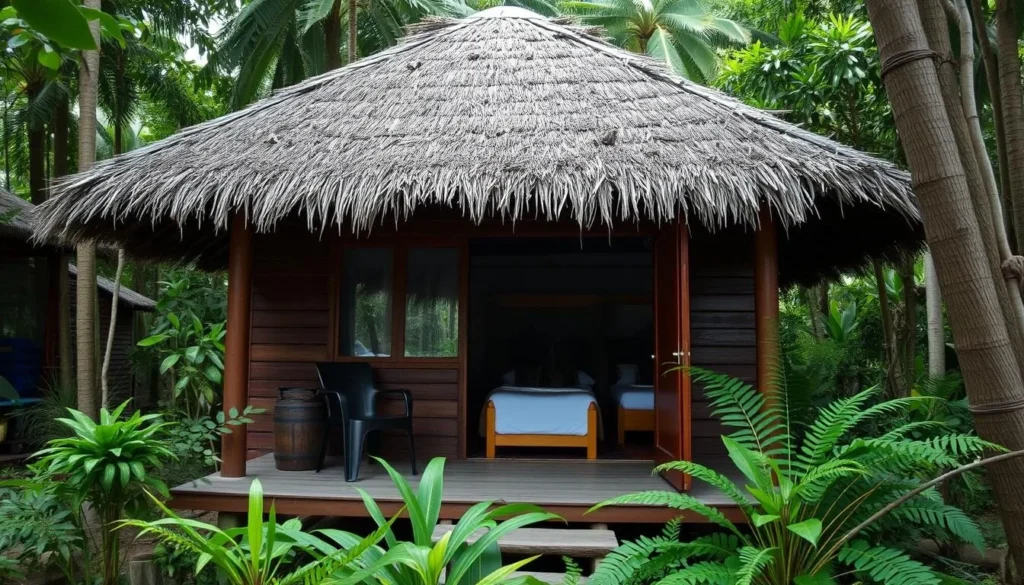 Eco-lodge accommodation near Jonestown Lake showing simple but comfortable rooms surrounded by jungle