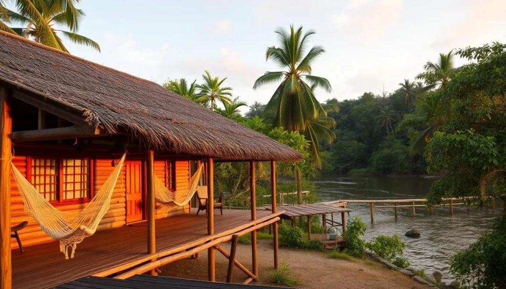 Eco-lodge accommodation near Tiger Island with hammocks and traditional thatched roofs