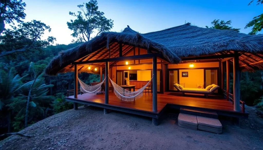 Eco-lodge accommodation near the Acarai Mountains with traditional thatched roofs