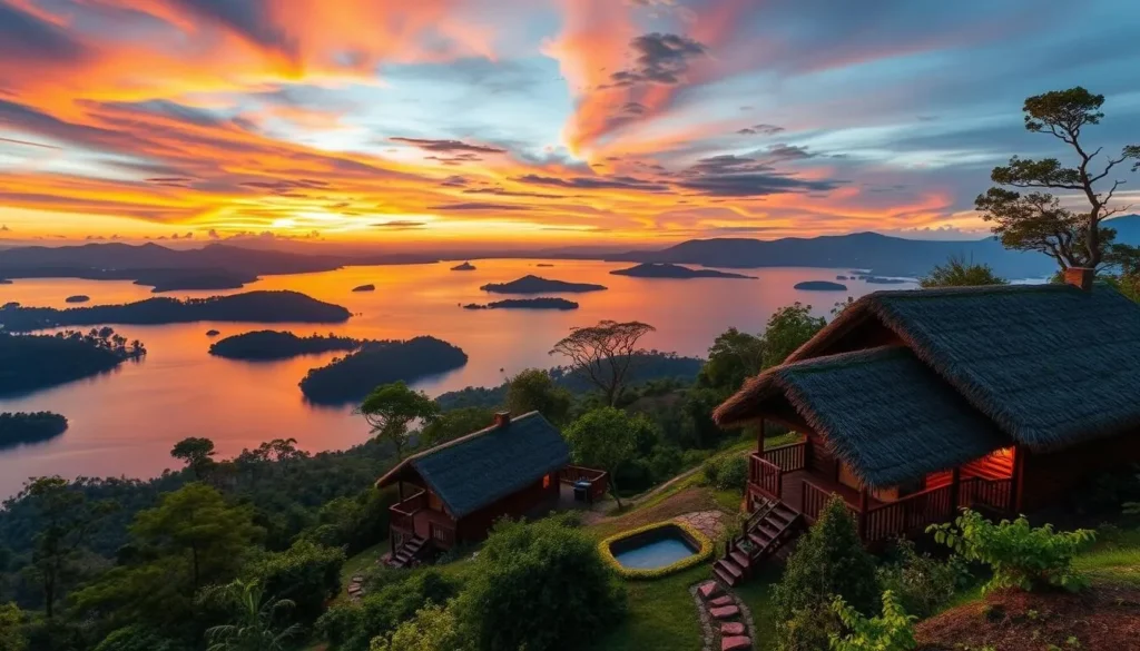 Eco-lodge accommodation overlooking Lake Bunyonyi with stunning sunset views