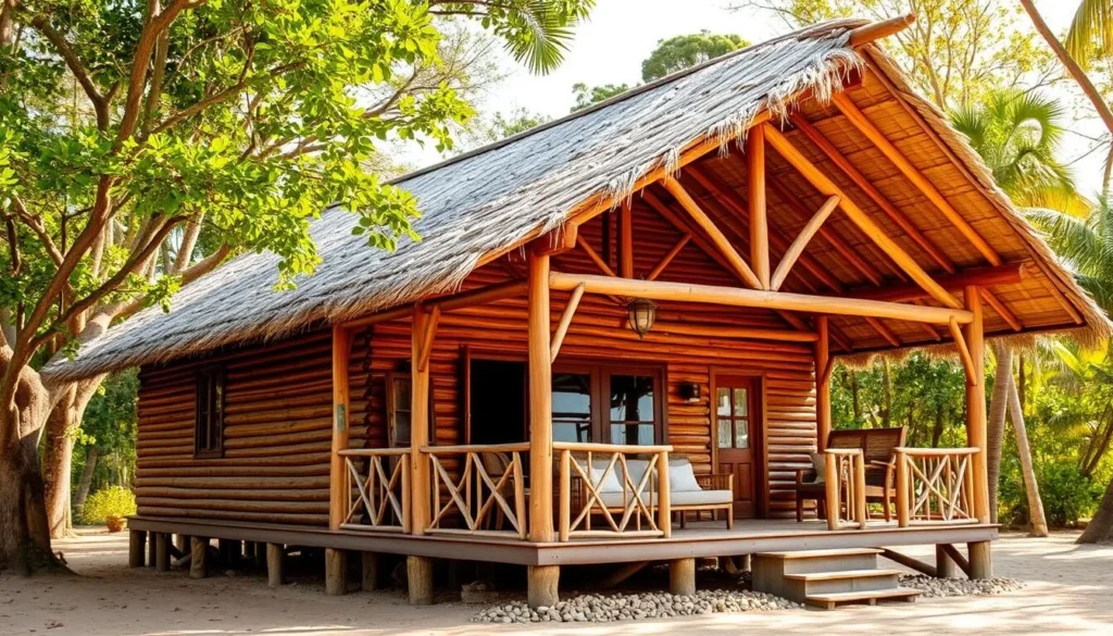Eco-lodge accommodations at Shell Beach Islands Guyana with traditional thatched roofs