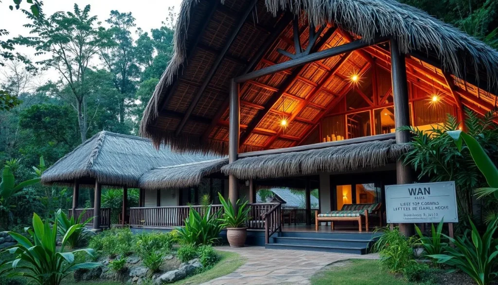 Eco-lodge in the Kanuku Mountains area with traditional thatched roof and open-air design Eco-lodge in the Kanuku Mountains area with traditional thatched roof and open-air design