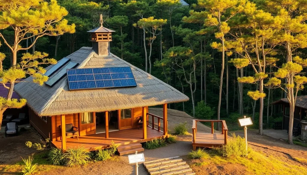 Eco-lodge nestled in Mount Shiriri's forest with traditional architecture and natural materials