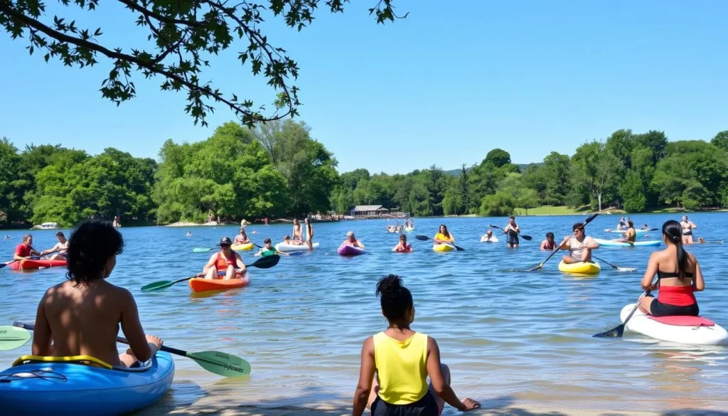 Edinboro Lake in summer with people enjoying water activities and sunshine Edinboro Lake in summer with people enjoying water activities and sunshine