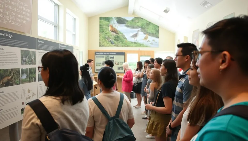 Educational display at Middle Fork Interpretive Center showing local wildlife and ecosystems with visitors viewing exhibits Educational display at Middle Fork Interpretive Center showing local wildlife and ecosystems with visitors viewing exhibits