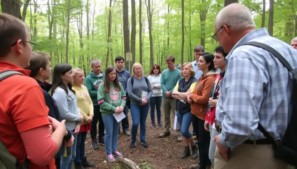 Educational program in progress at Nolde Forest with a diverse group of visitors learning about forest ecology Educational program in progress at Nolde Forest with a diverse group of visitors learning about forest ecology
