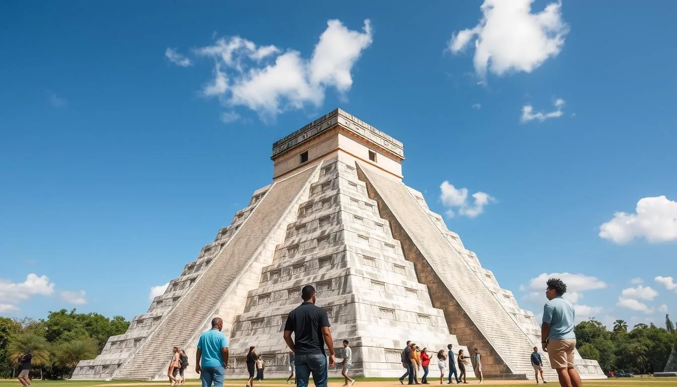 El-Castillo-pyramid-at-Chichen-Itza-with-tourists-admiring-the-ancient-Mayan-structure El Castillo pyramid at Chichen Itza with tourists admiring the ancient Mayan structure