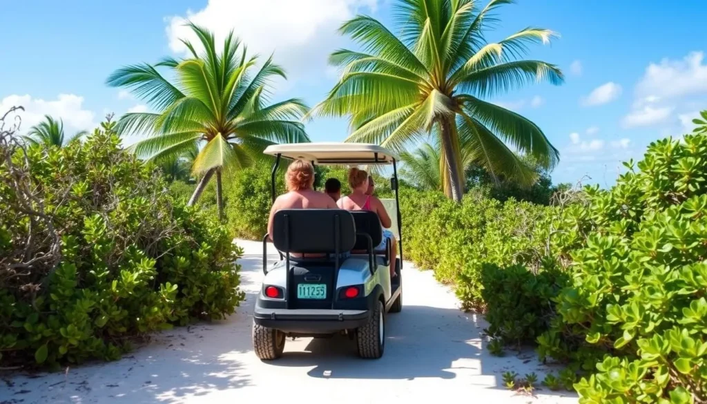 Electric golf cart transportation on Parrot Cay's sandy paths Electric golf cart transportation on Parrot Cay's sandy paths