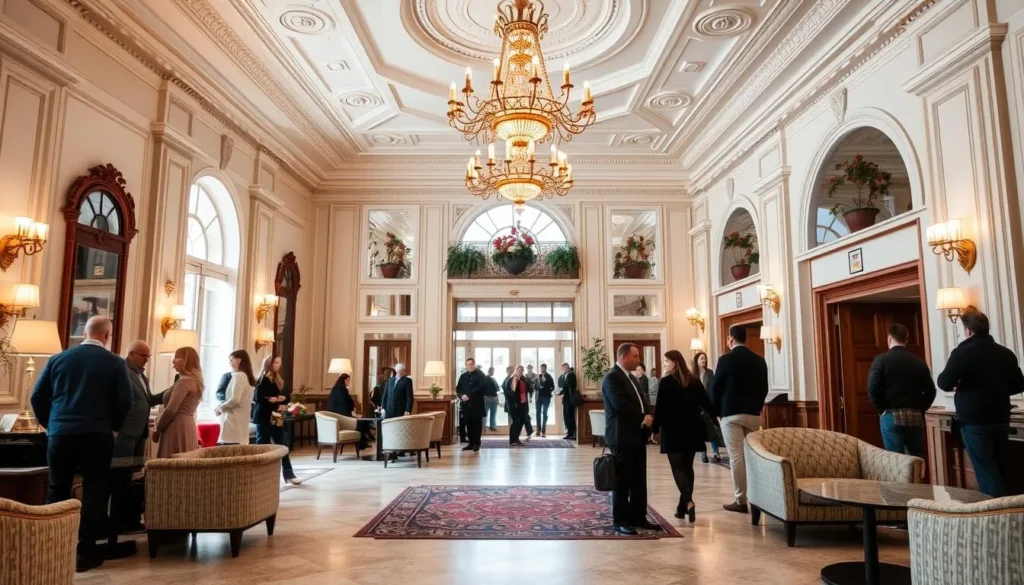 Elegant hotel lobby in Baden-Baden with classic European decor, chandelier, and comfortable seating area